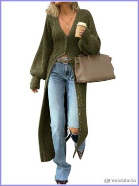 Women's Chunky Knit Long Duster Cardigan Button Down Maxi Sweater Dress